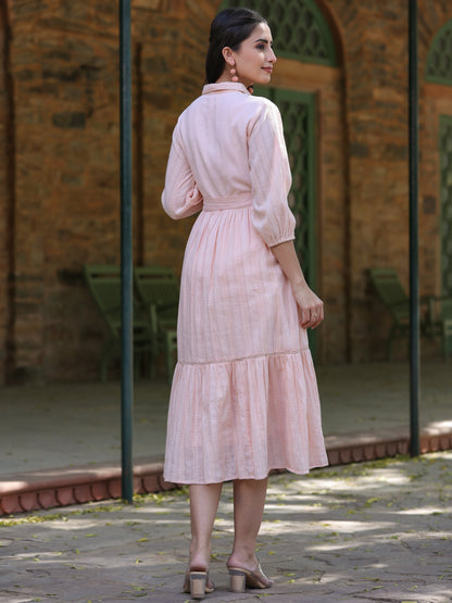 Peach Cotton Dobby Embroidered Flared Maxi Dress