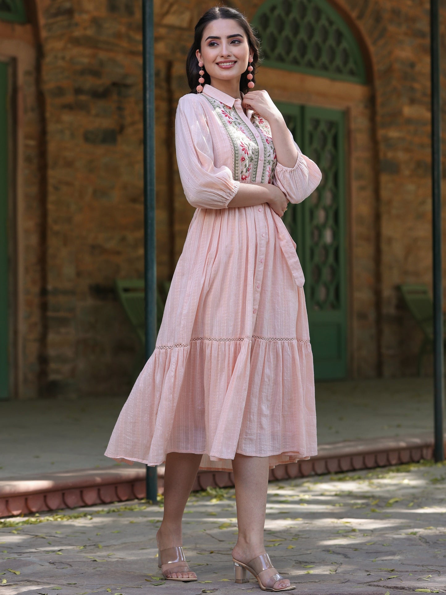 Peach Cotton Dobby Embroidered Flared Maxi Dress