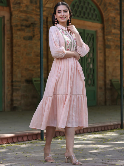 Peach Cotton Dobby Embroidered Flared Maxi Dress