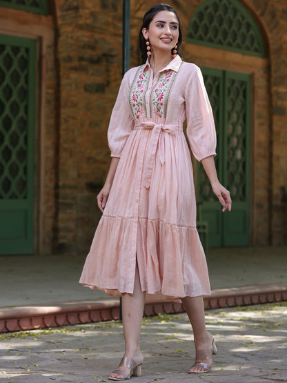 Peach Cotton Dobby Embroidered Flared Maxi Dress