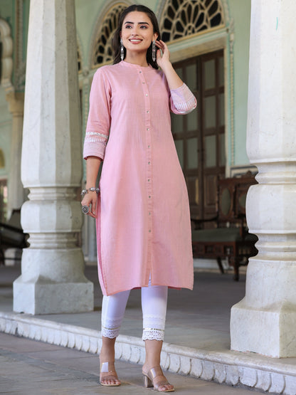 Pink Cotton Slub  Embroidery Straight Kurta