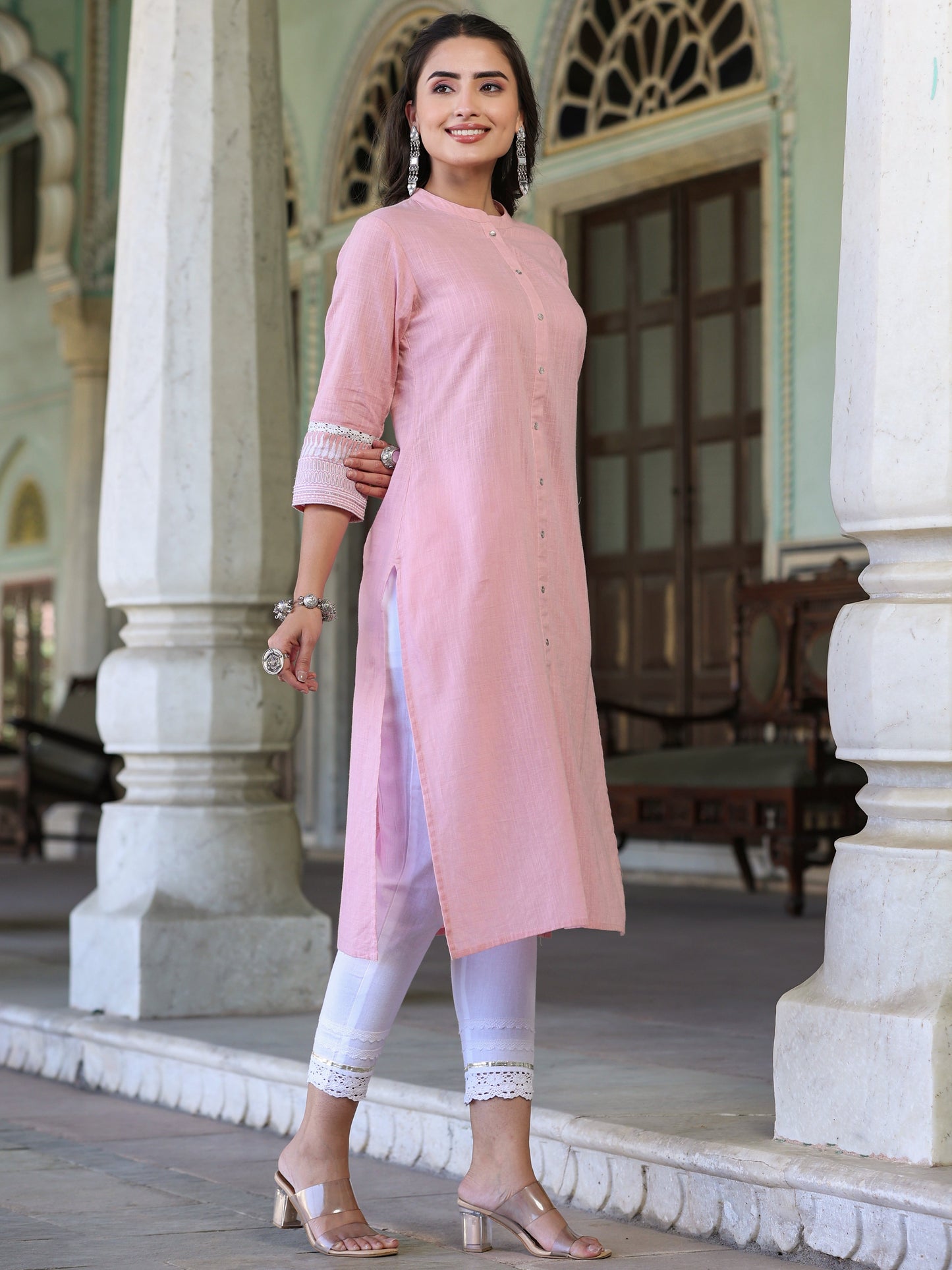 Pink Cotton Slub  Embroidery Straight Kurta