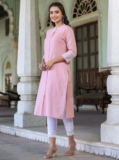Pink Cotton Slub  Embroidery Straight Kurta