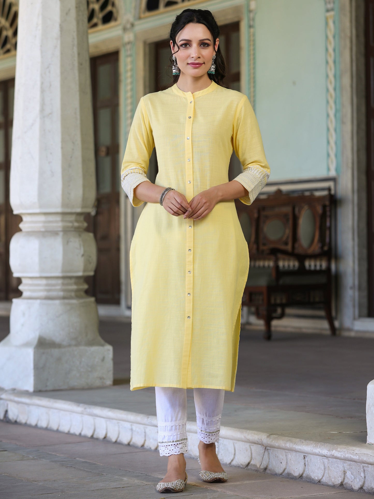 Yellow Cotton Slub  Embroidery Straight Kurta