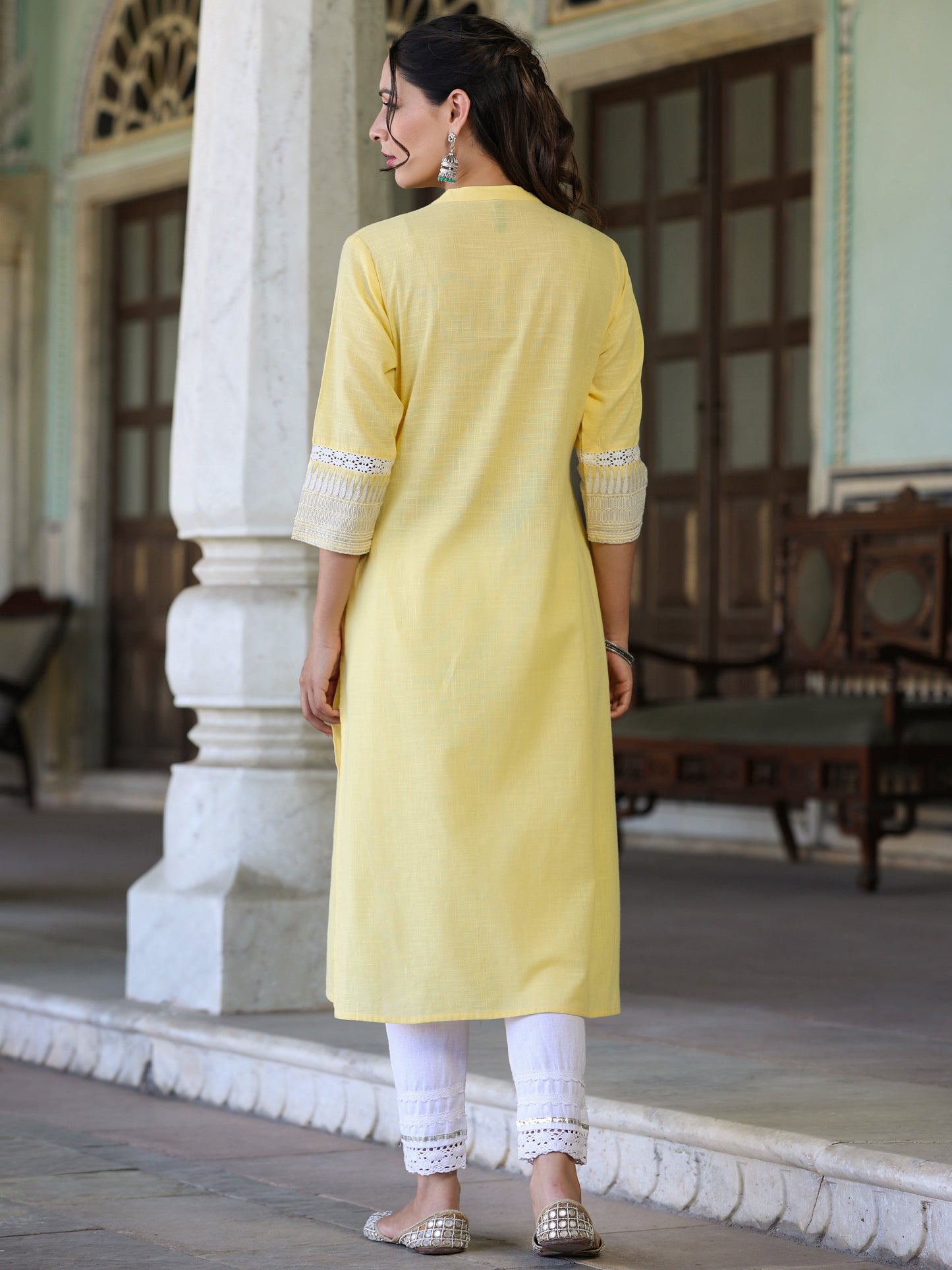 Yellow Cotton Slub  Embroidery Straight Kurta