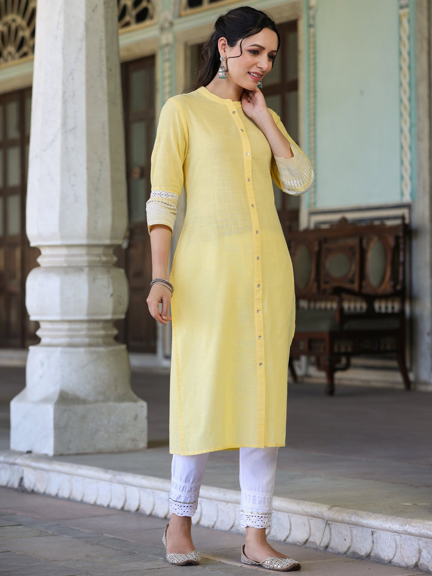 Yellow Cotton Slub  Embroidery Straight Kurta
