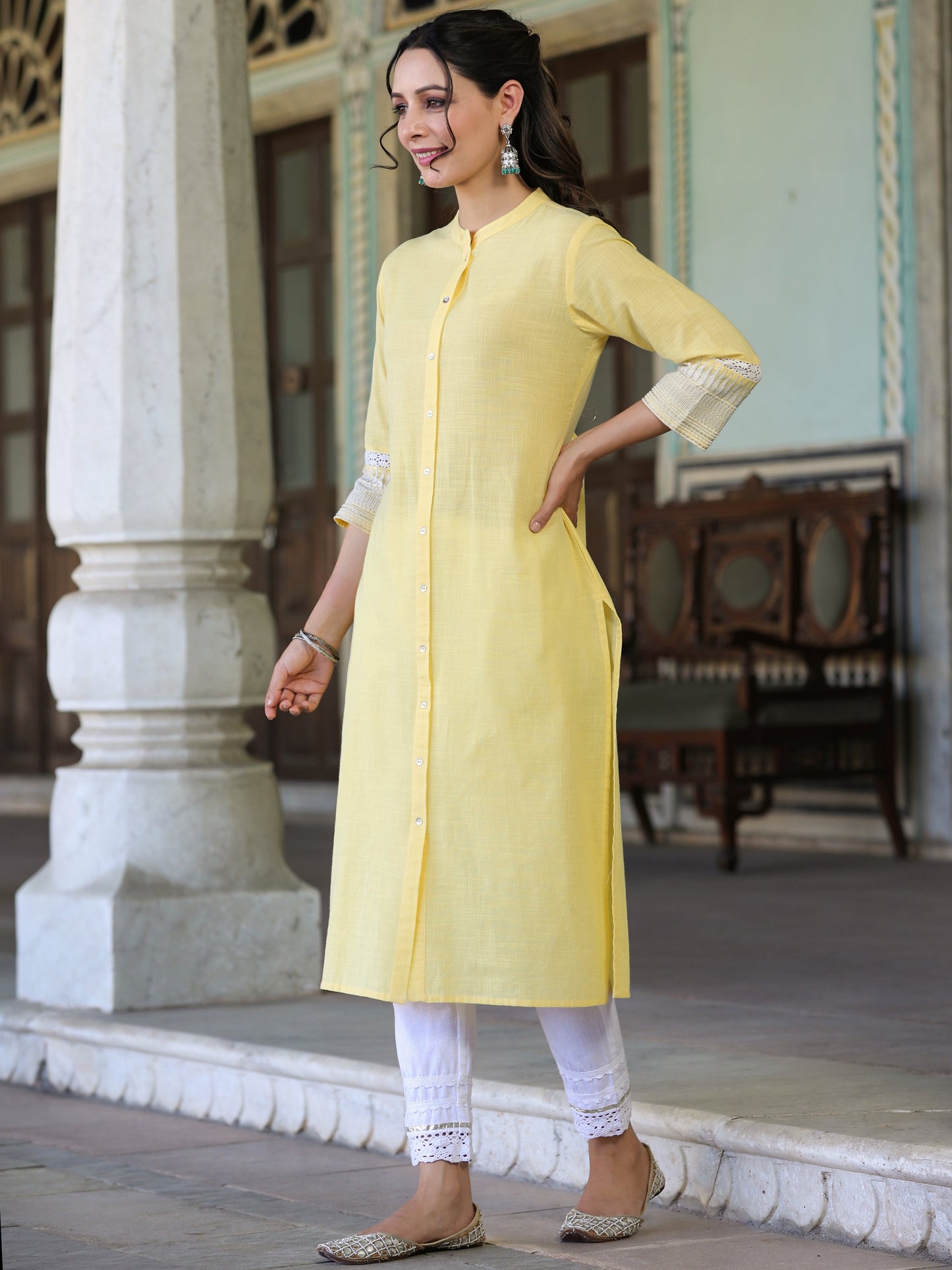 Yellow Cotton Slub  Embroidery Straight Kurta