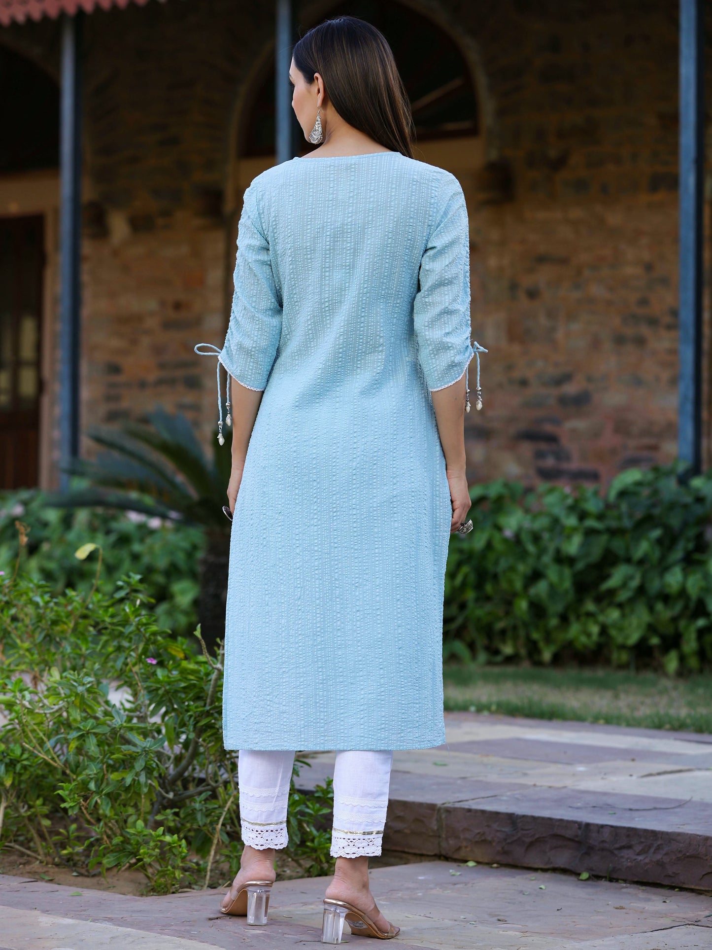 Blue Sheer Sucker Embroidery Straight Kurta