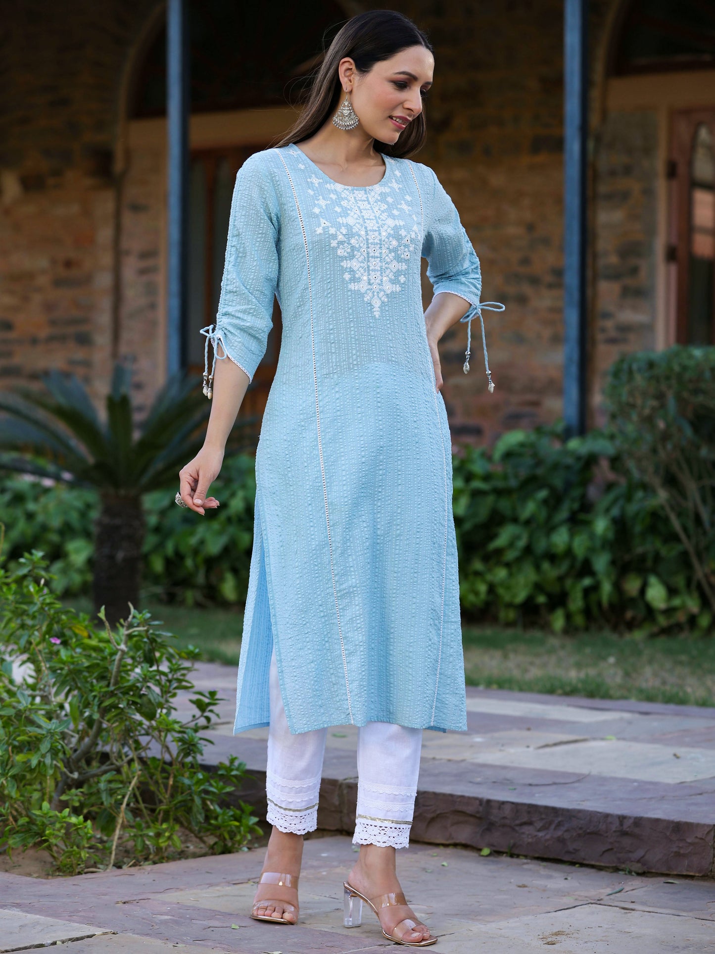 Blue Sheer Sucker Embroidery Straight Kurta