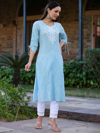 Blue Sheer Sucker Embroidery Straight Kurta