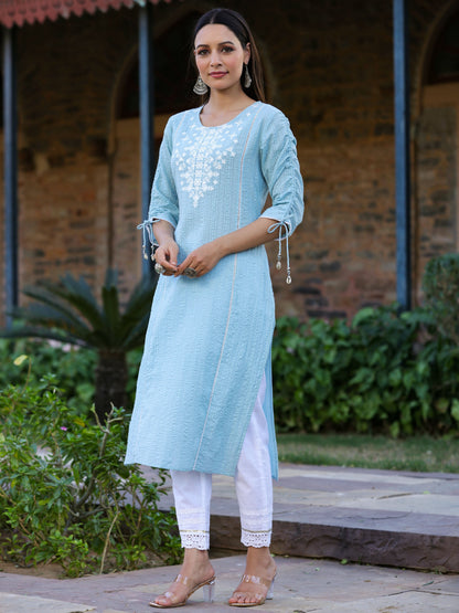 Blue Sheer Sucker Embroidery Straight Kurta