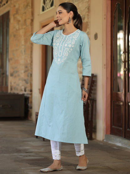 Blue Cotton Flex Embroidery Straight Kurta