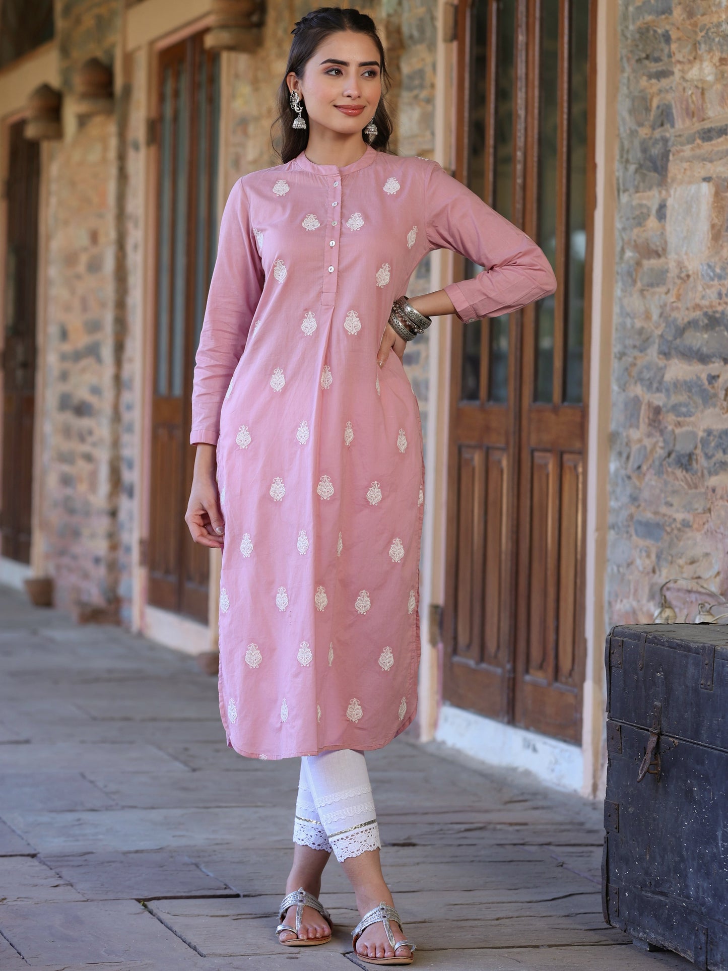 Pink Cambric Printed Straight Kurta