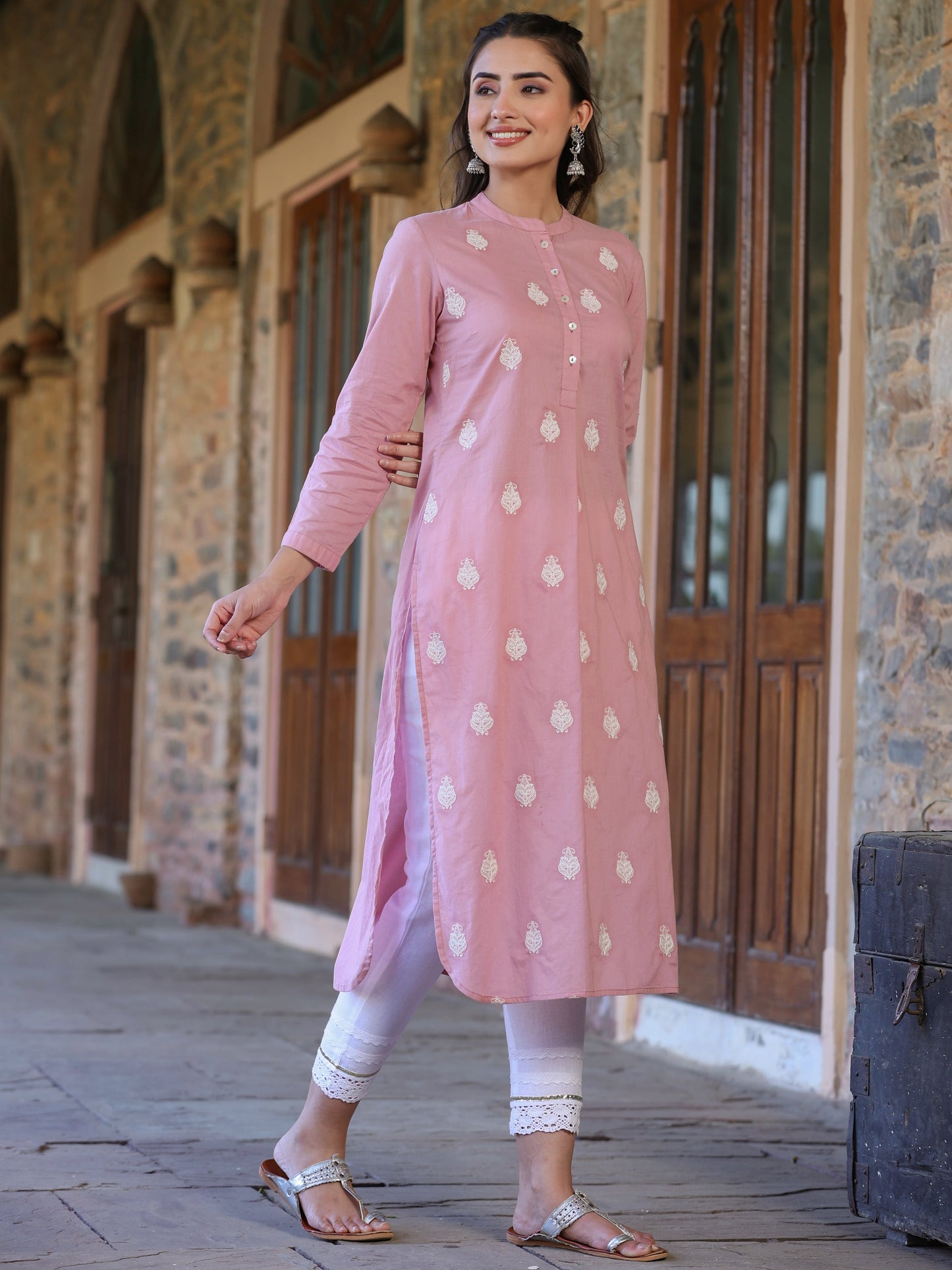 Pink Cambric Printed Straight Kurta