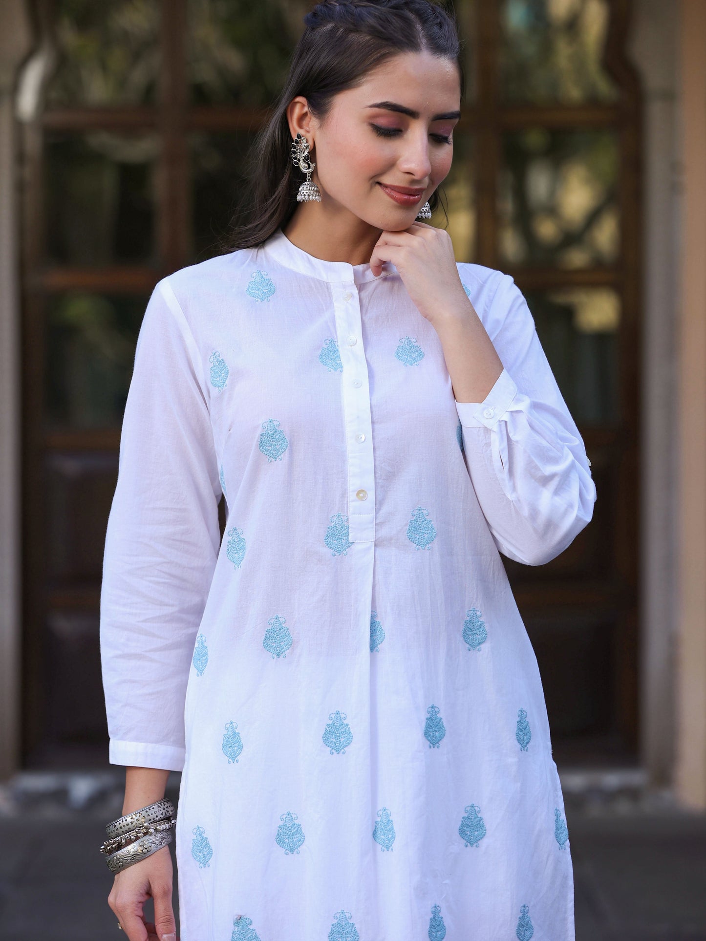 White Cambric Printed Straight Kurta