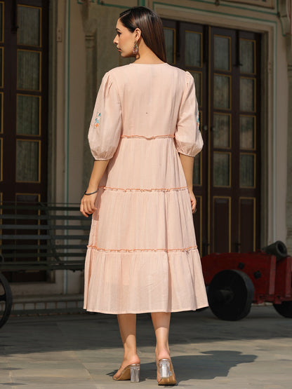 Peach Cotton Dobby Embroidered Tiered Maxi Dress