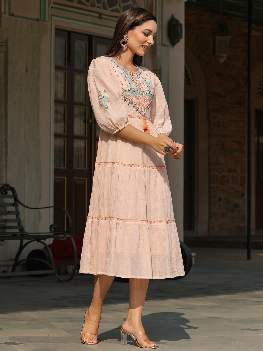 Peach Cotton Dobby Embroidered Tiered Maxi Dress