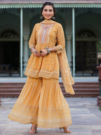 Navy Blue Georgette Geometric Printed Kurta Sharara & Dupatta Set