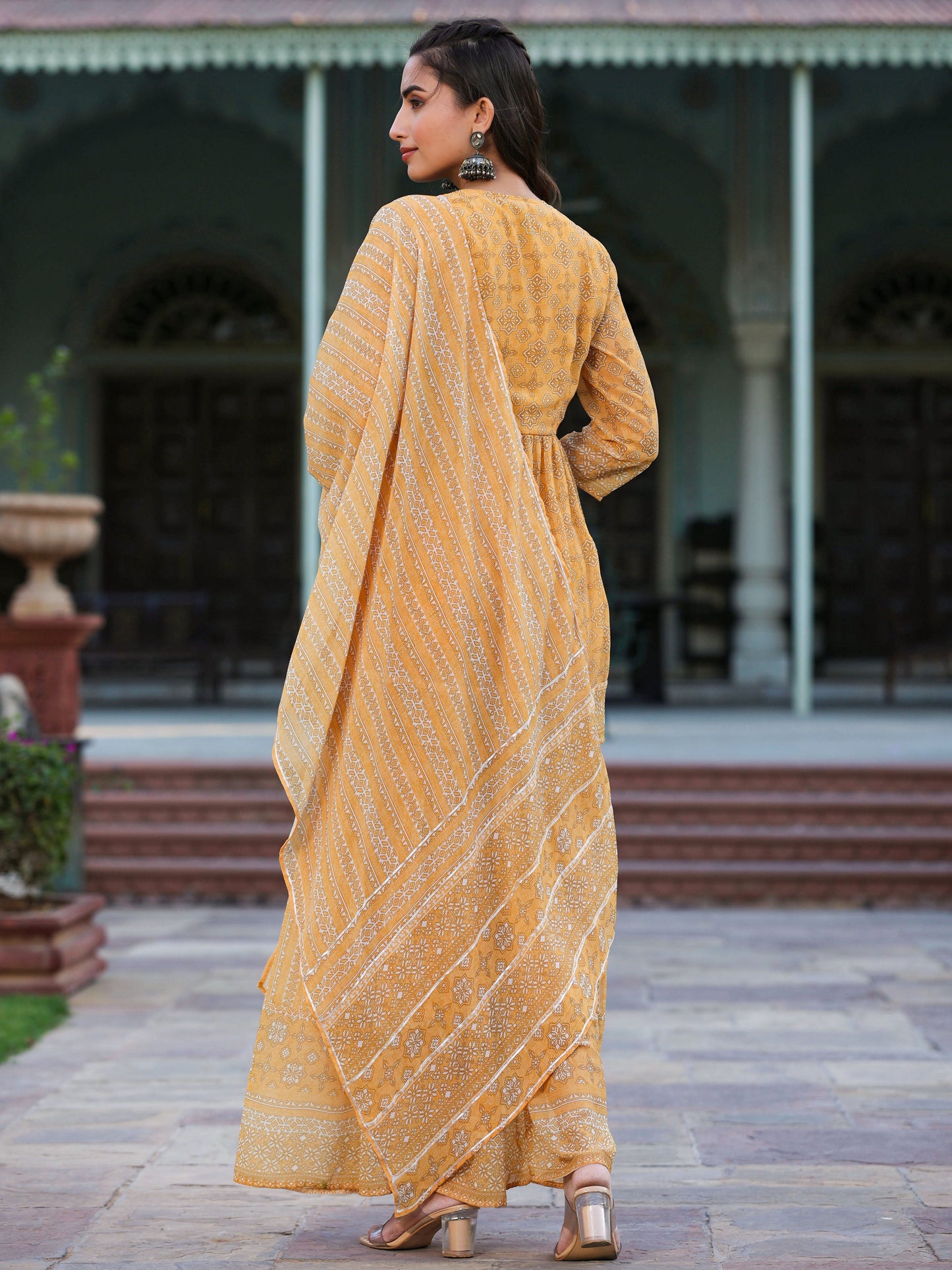 Navy Blue Georgette Geometric Printed Kurta Sharara & Dupatta Set