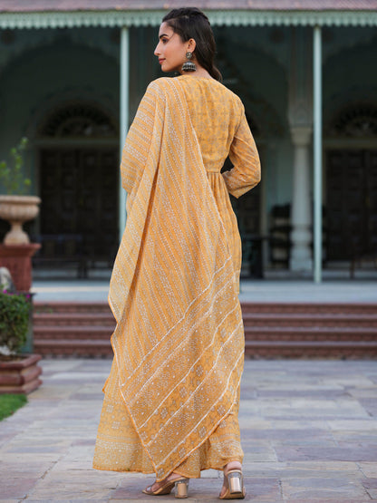 Navy Blue Georgette Geometric Printed Kurta Sharara & Dupatta Set