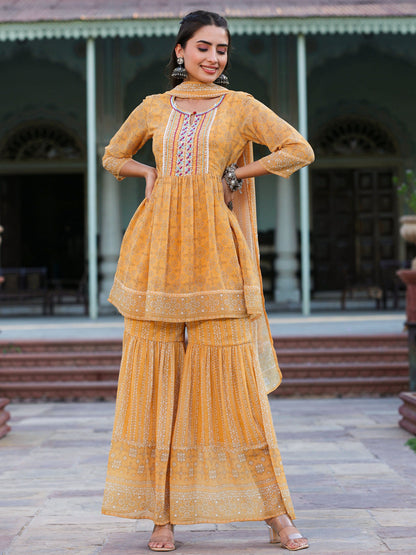 Navy Blue Georgette Geometric Printed Kurta Sharara & Dupatta Set