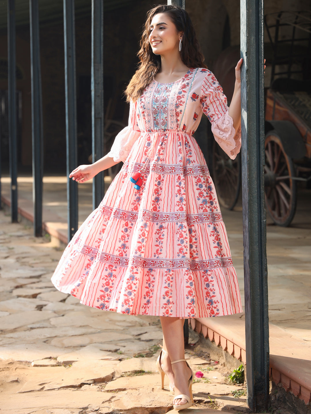 Pink Cotton Cambric Floral Printed Tiered Maxi Dress