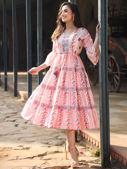 Pink Cotton Cambric Floral Printed Tiered Maxi Dress
