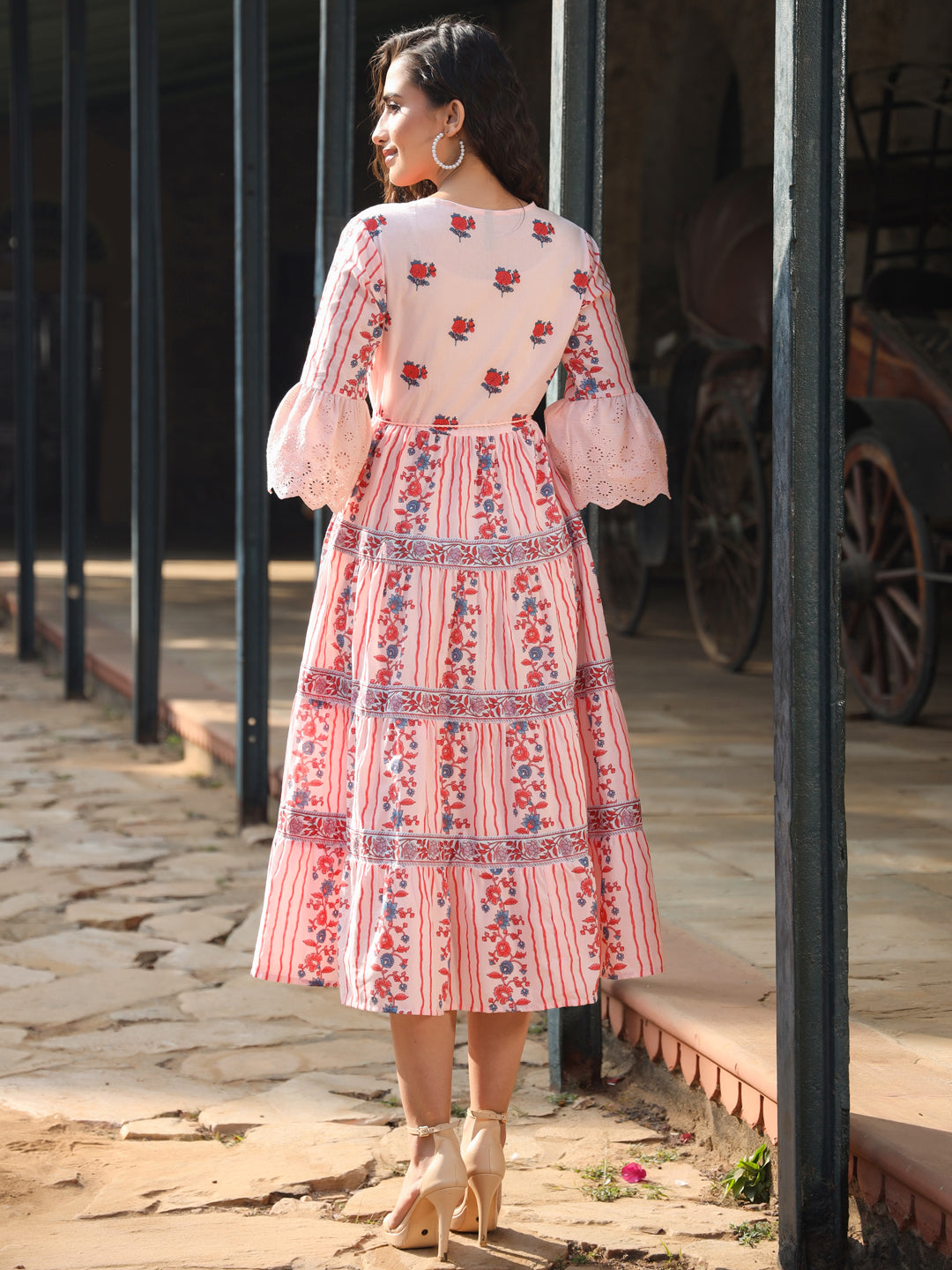 Pink Cotton Cambric Floral Printed Tiered Maxi Dress