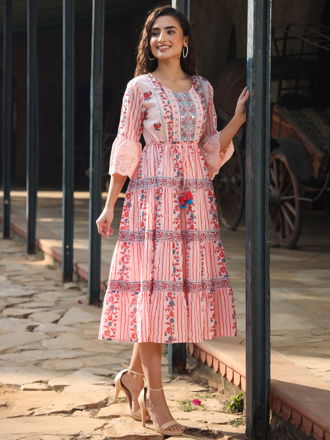 Pink Cotton Cambric Floral Printed Tiered Maxi Dress