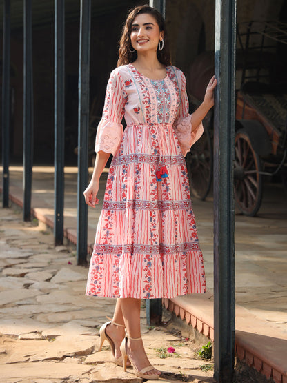 Pink Cotton Cambric Floral Printed Tiered Maxi Dress