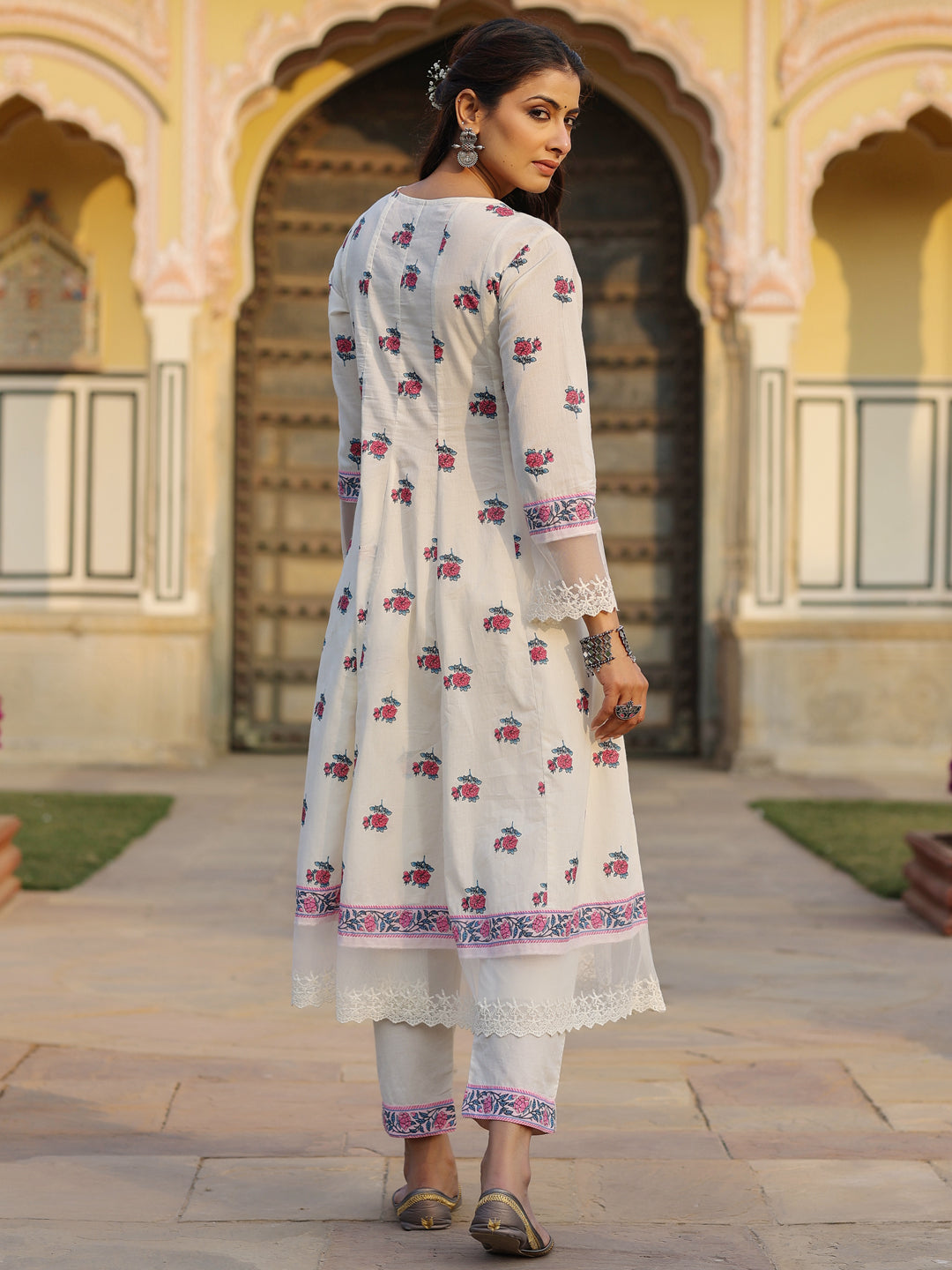 Off-White Cotton Cambric Printed Kalidar Kurta & Pants Set