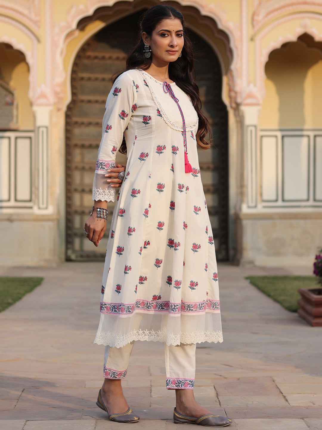 Off-White Cotton Cambric Printed Kalidar Kurta & Pants Set