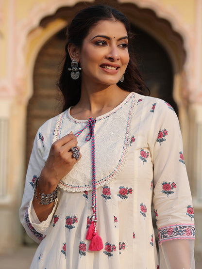 Off-White Cotton Cambric Printed Kalidar Kurta & Pants Set