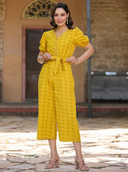Mustard Cotton Flex Jamdani Printed Flared Jumpsuit