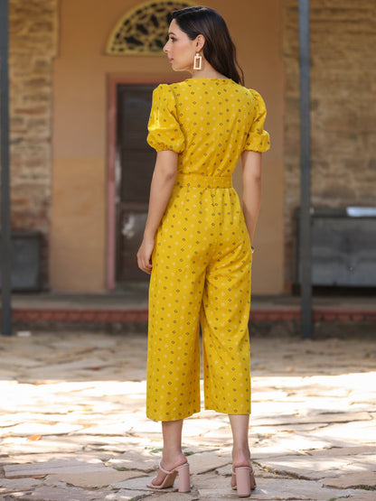 Mustard Cotton Flex Jamdani Printed Flared Jumpsuit