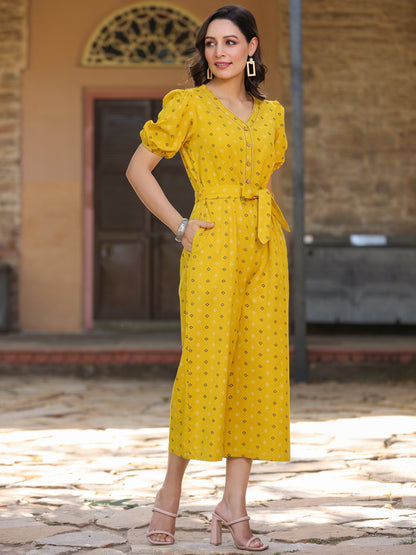 Mustard Cotton Flex Jamdani Printed Flared Jumpsuit