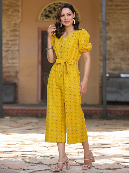 Mustard Cotton Flex Jamdani Printed Flared Jumpsuit