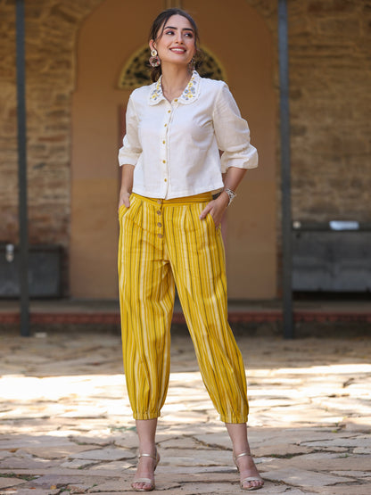 Off-White And Mustard Cotton Flex Printed Clothing Set