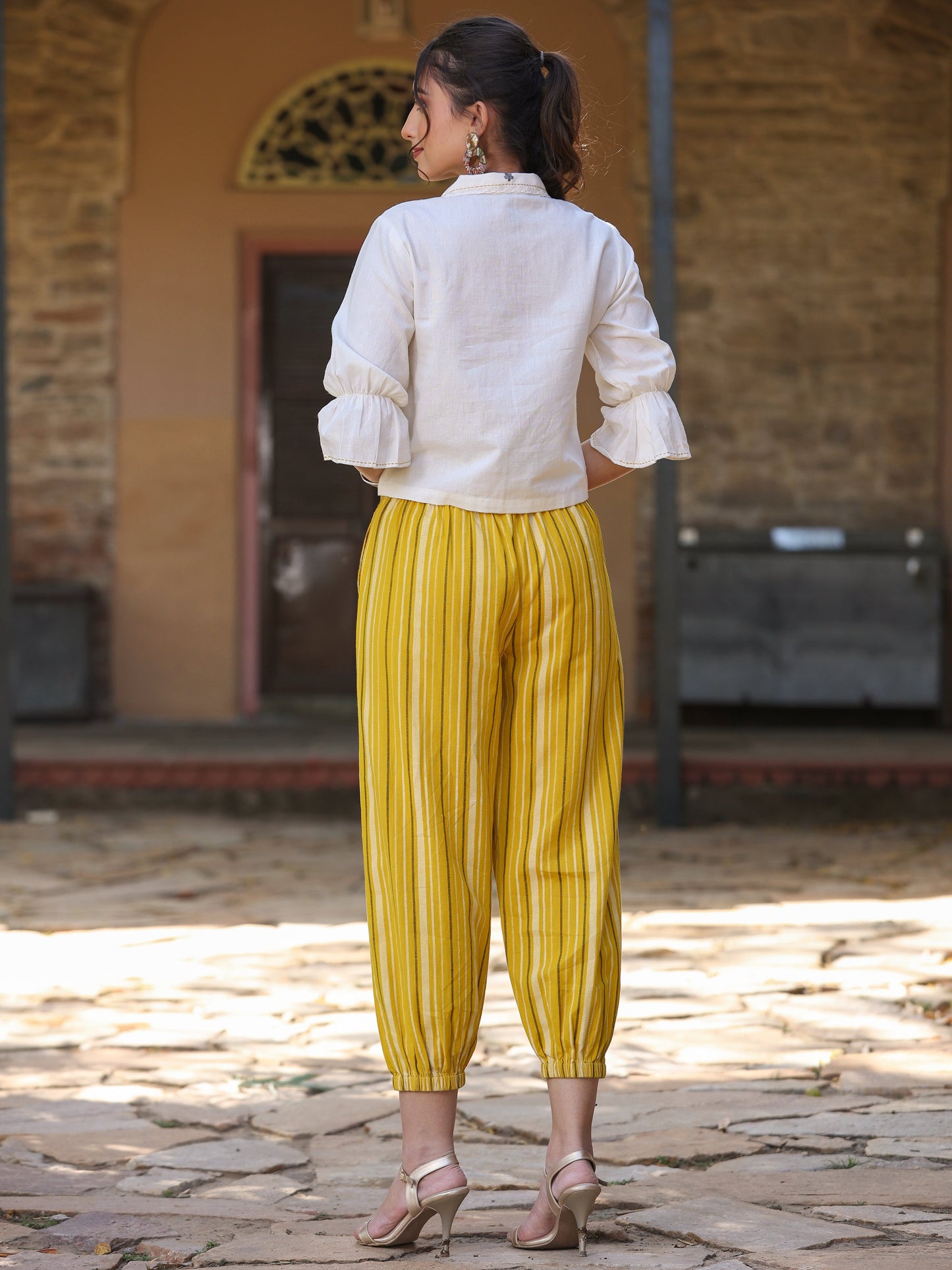 Off-White And Mustard Cotton Flex Printed Clothing Set