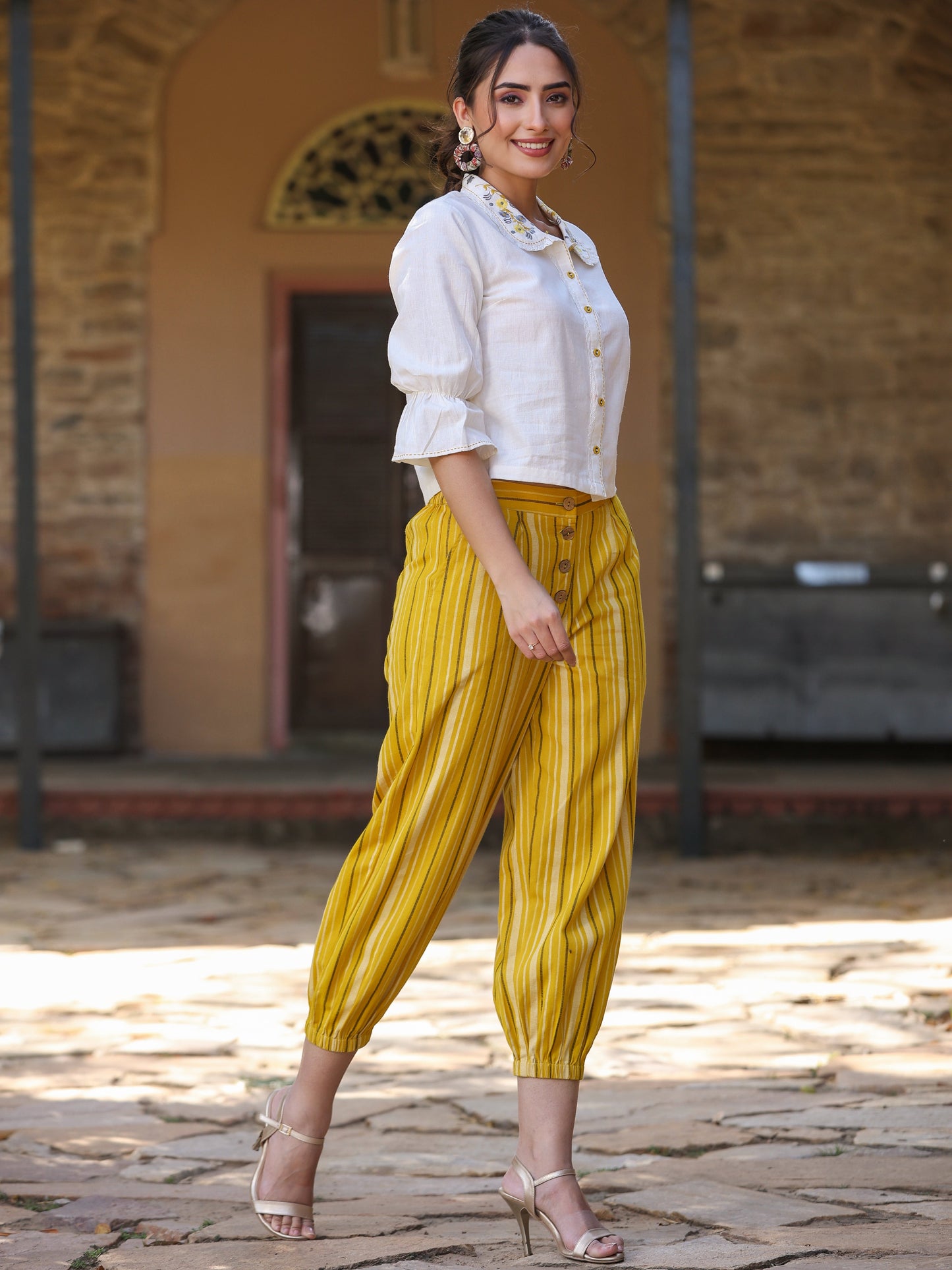 Off-White And Mustard Cotton Flex Printed Clothing Set