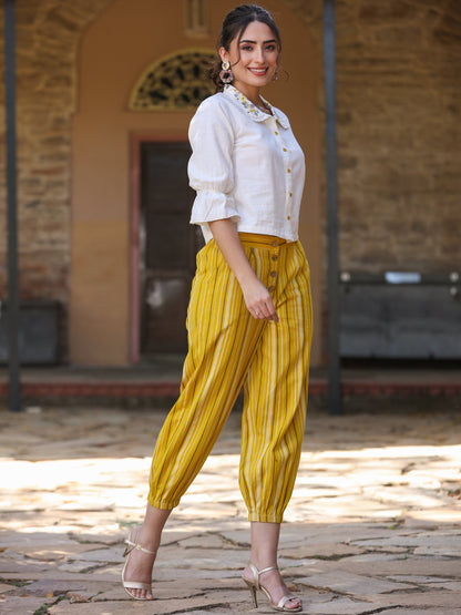 Off-White And Mustard Cotton Flex Printed Clothing Set