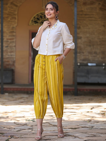 Off-White And Mustard Cotton Flex Printed Clothing Set