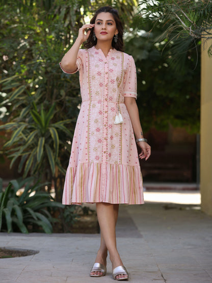 Pink Cotton Printed Embroidery Flared Dress