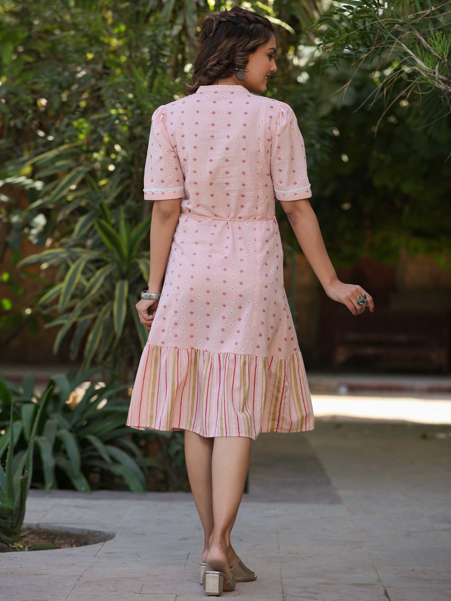 Pink Cotton Printed Embroidery Flared Dress