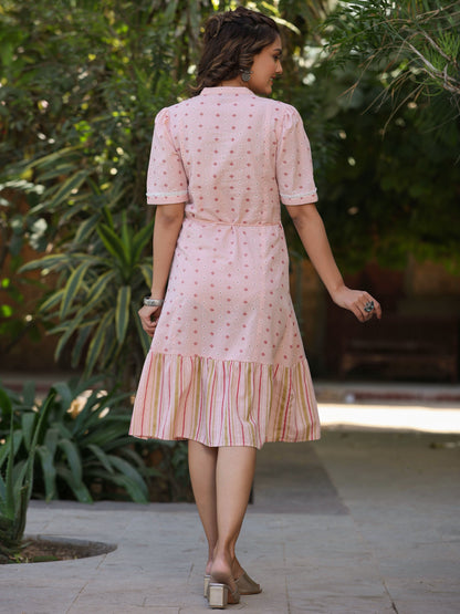 Pink Cotton Printed Embroidery Flared Dress
