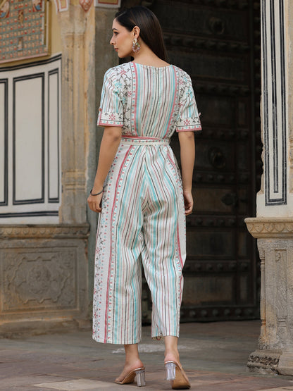 Ivory Cotton Flex Jamdani Printed Jumpsuit
