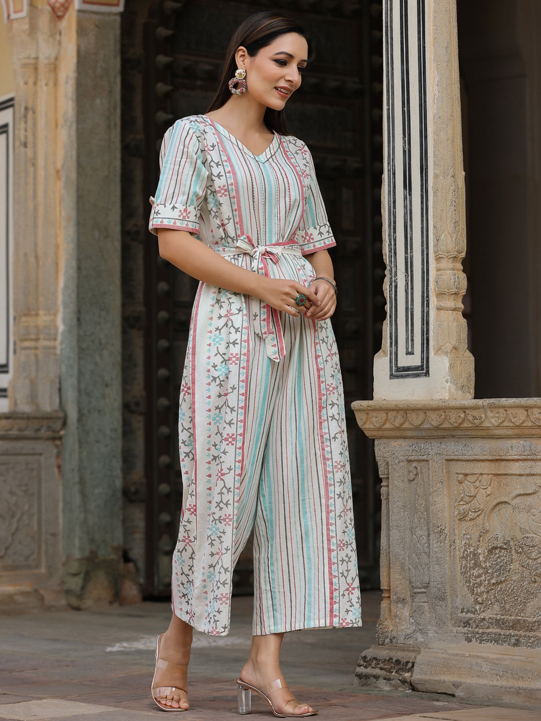 Ivory Cotton Flex Jamdani Printed Jumpsuit