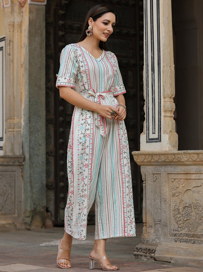 Ivory Cotton Flex Jamdani Printed Jumpsuit