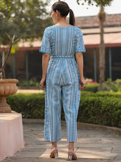 Sky-Blue Cotton Flex Jamdani Printed Jumpsuit