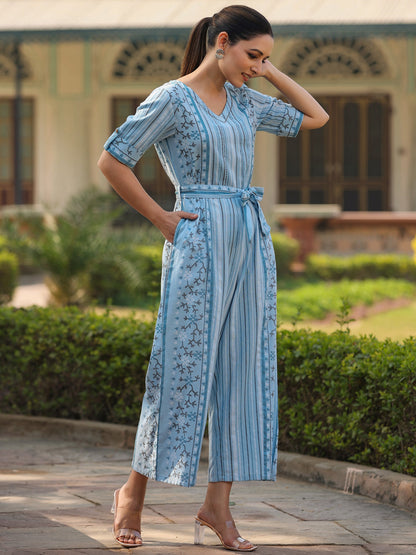 Sky-Blue Cotton Flex Jamdani Printed Jumpsuit
